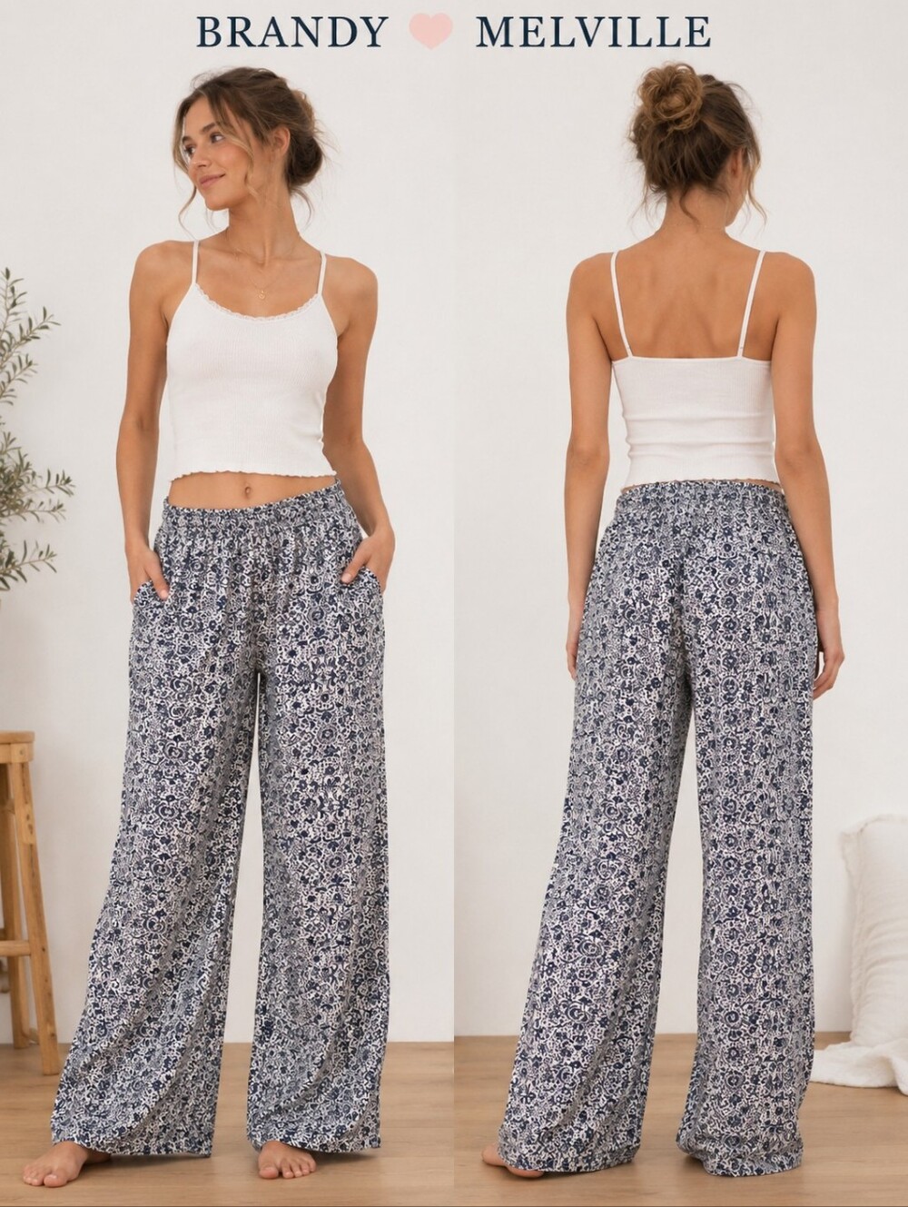 Brandy Melville Blue White Paisley Wide Leg Lounge Pants Size Small
